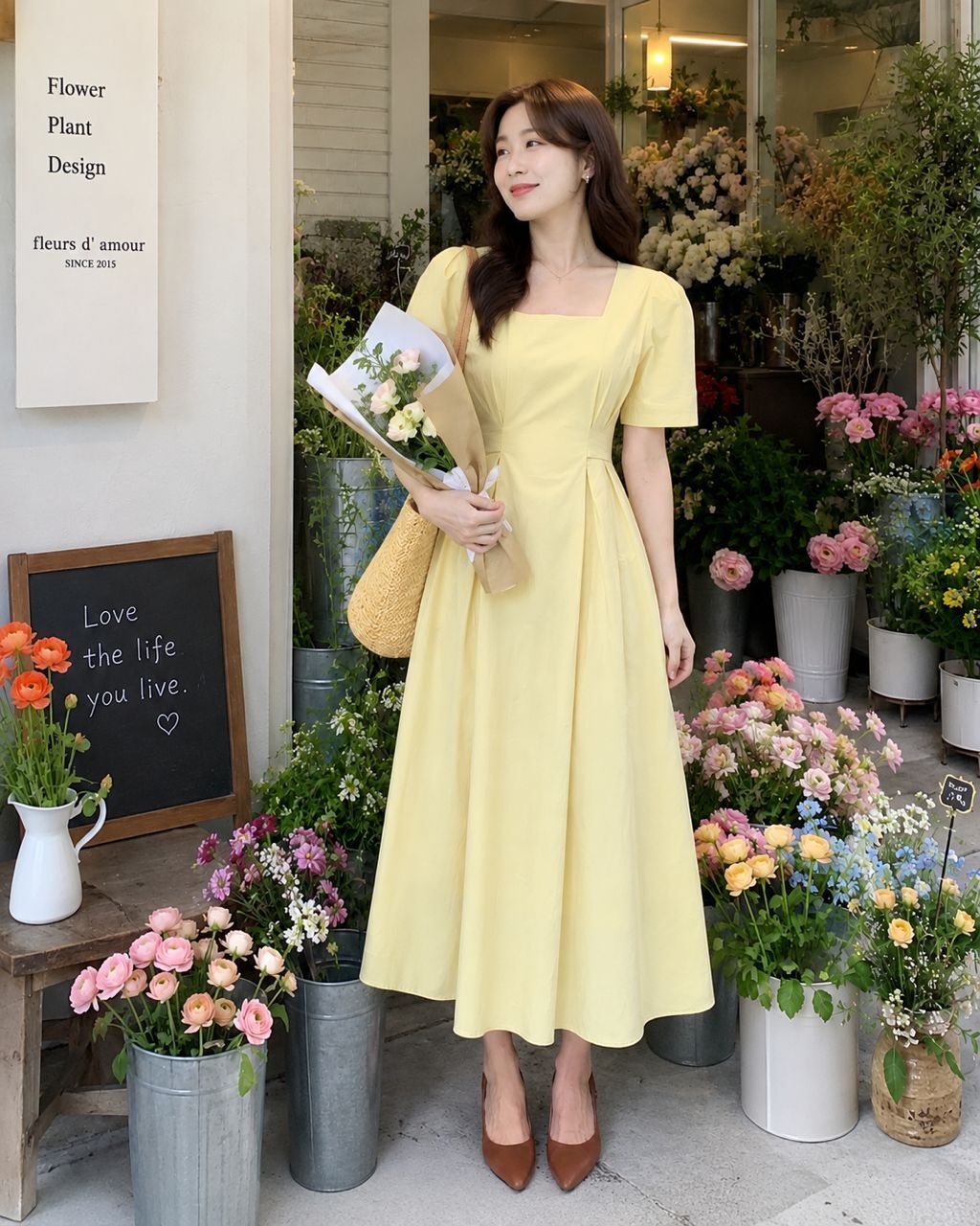PUFFY SLEEVE COTTON MIDI DRESS