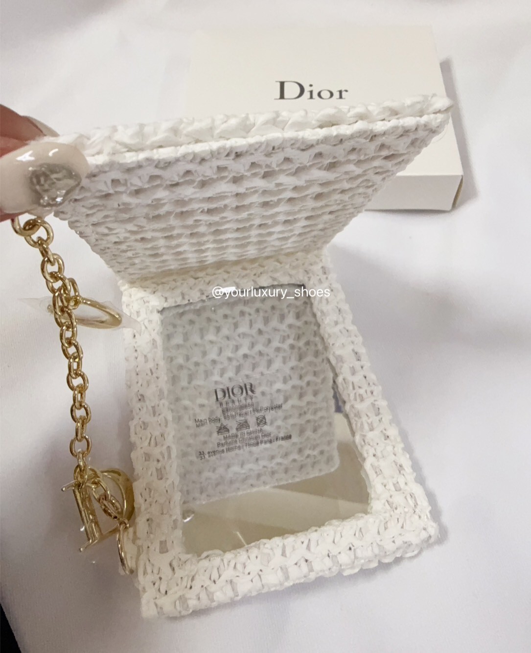 【Luxury】 Dior迪奧白色編織折疊化妝鏡 品牌專櫃贈品VIP專屬 白色編織外殼 金色CD標