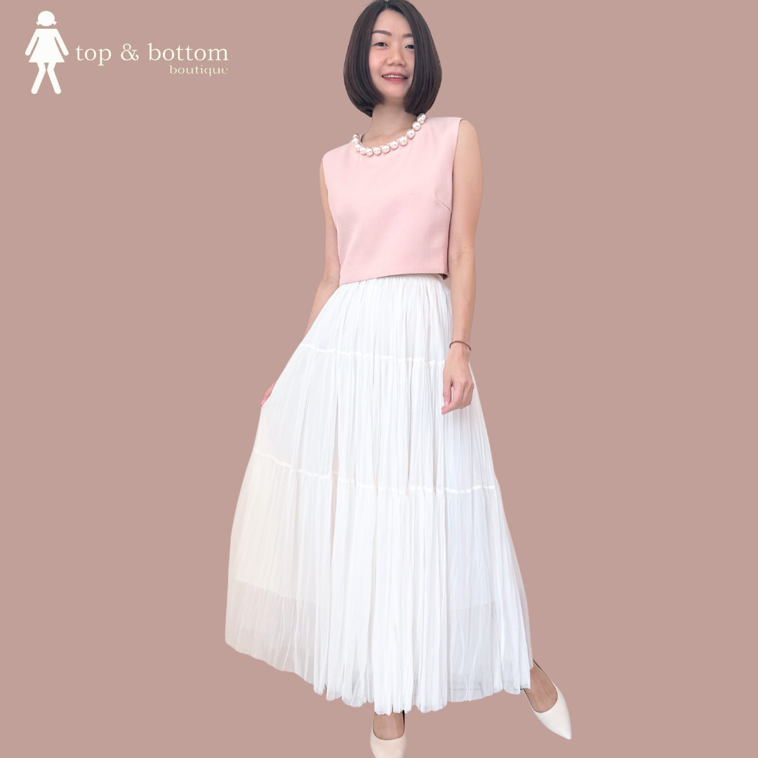 ELASTIC WAISTED ORGANZA TIERED MIDI SKIRT