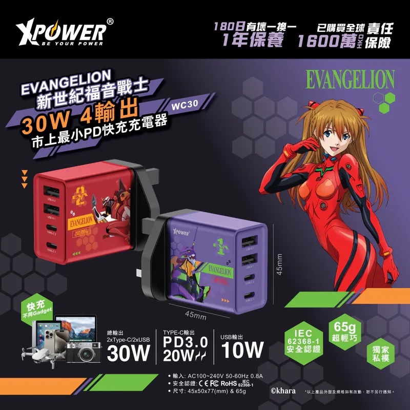 EVA新世紀福音戰士 30W 4輸出PD快充充電器 (WC30)