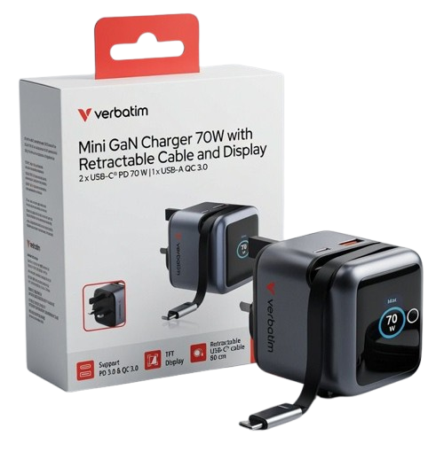 Verbatim Mini GaN Charger 70W Display USB-C Cable fixed UK Plug 31866