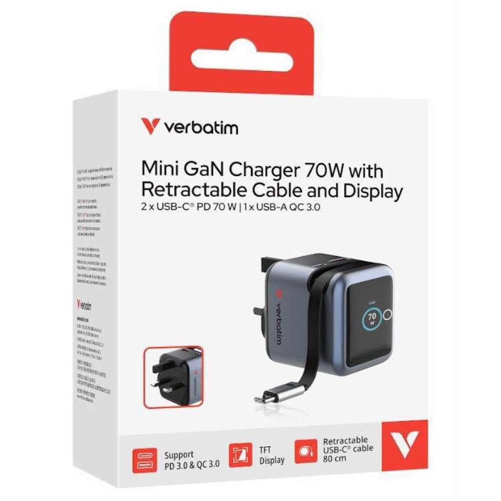 Verbatim Mini GaN Charger 70W Display USB-C Cable fixed UK Plug 31866