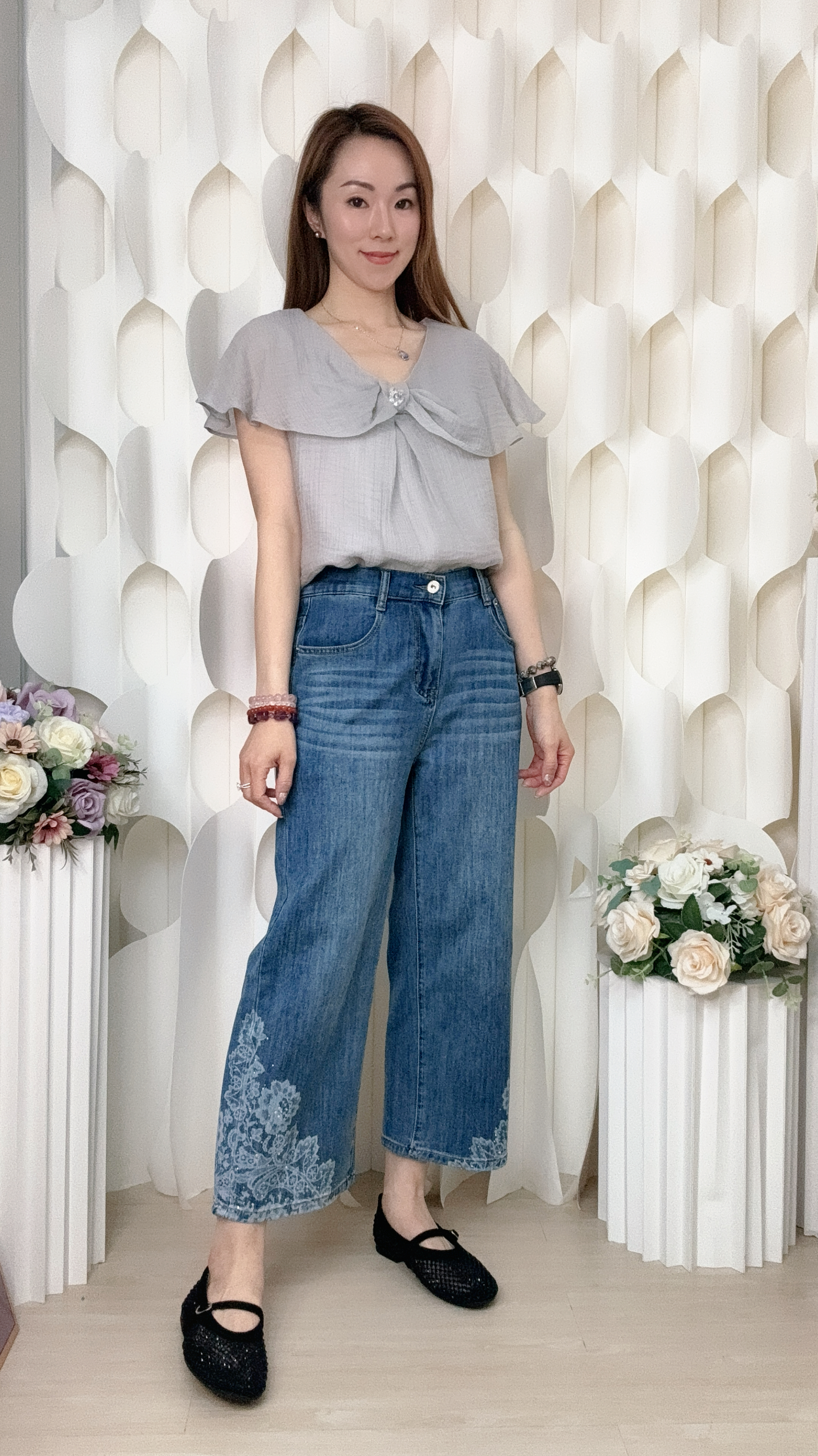 閃石花紋軟牛仔長褲(S腰26-34 臀36 長33吋/M腰28-36 臀38 長33吋/L腰30-38 臀40 長33吋) P6592 #1906clo