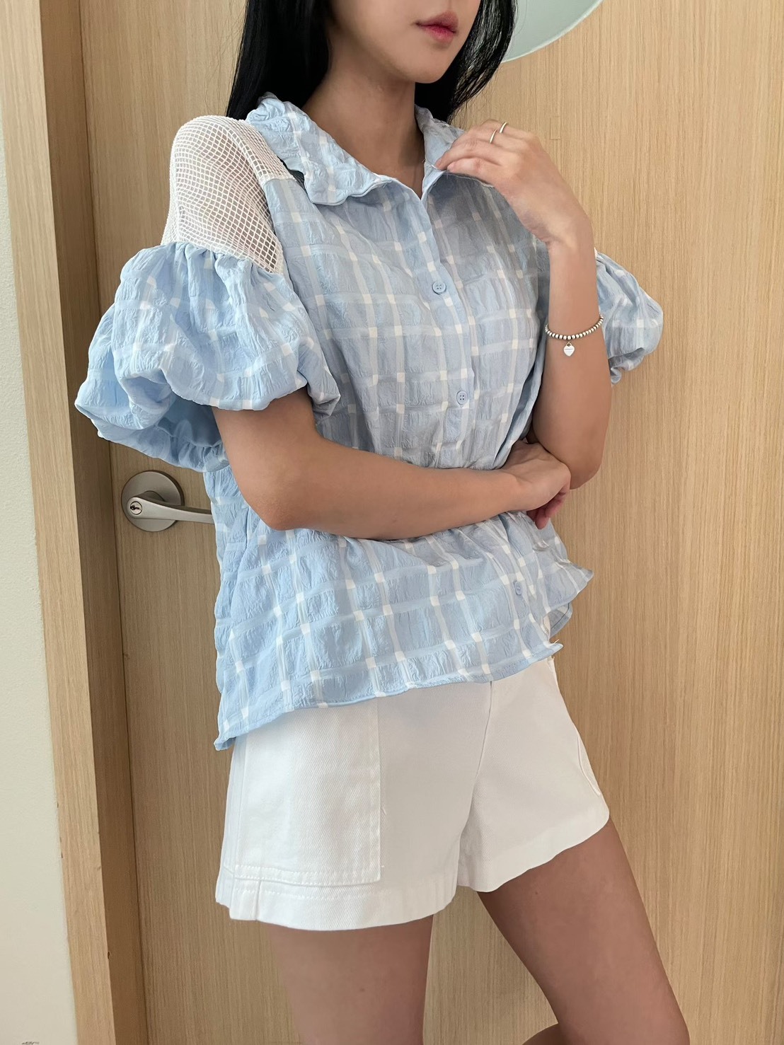 肩網泡泡袖格子襯衫