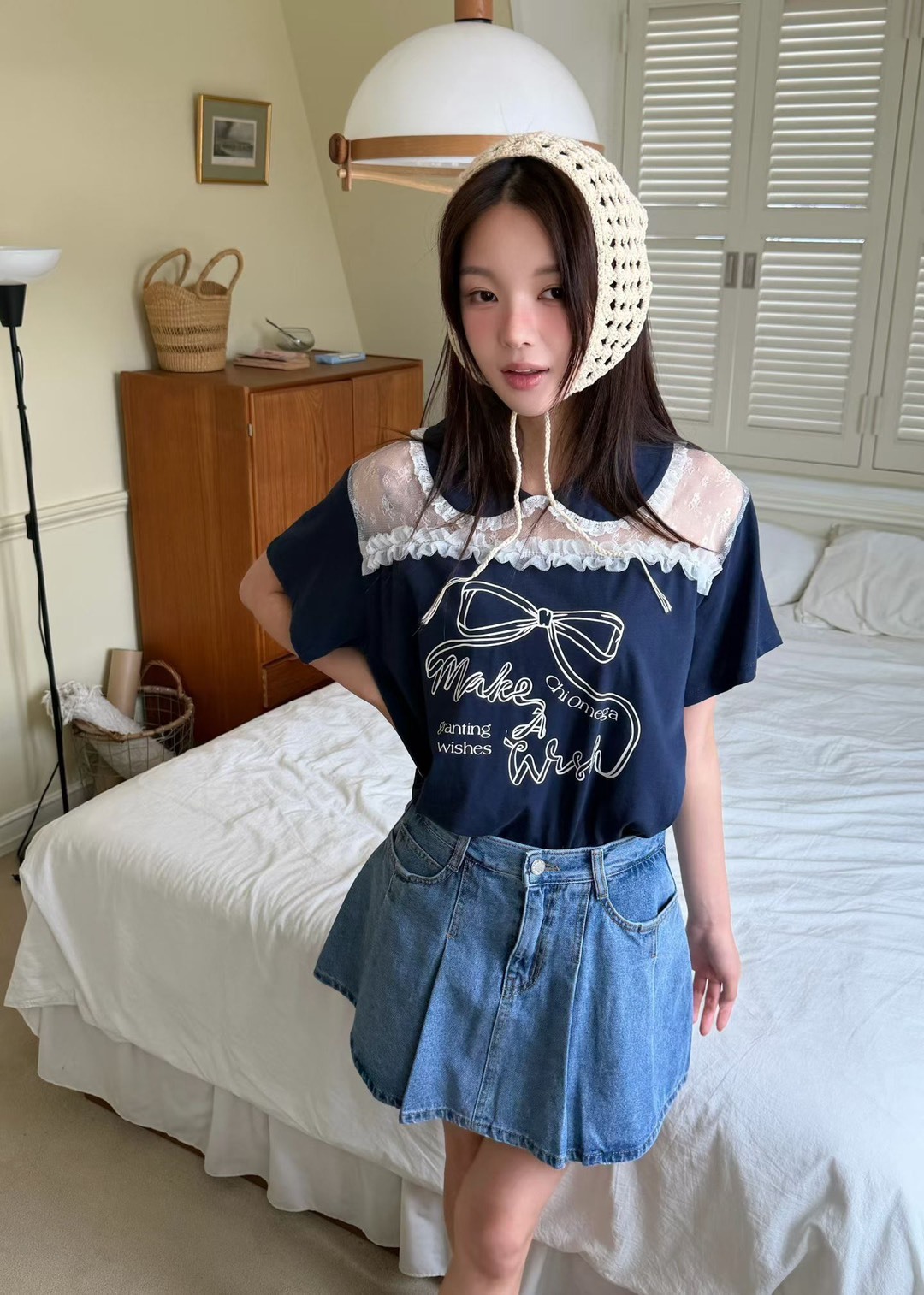 透膚蕾絲蝴蝶結有領T