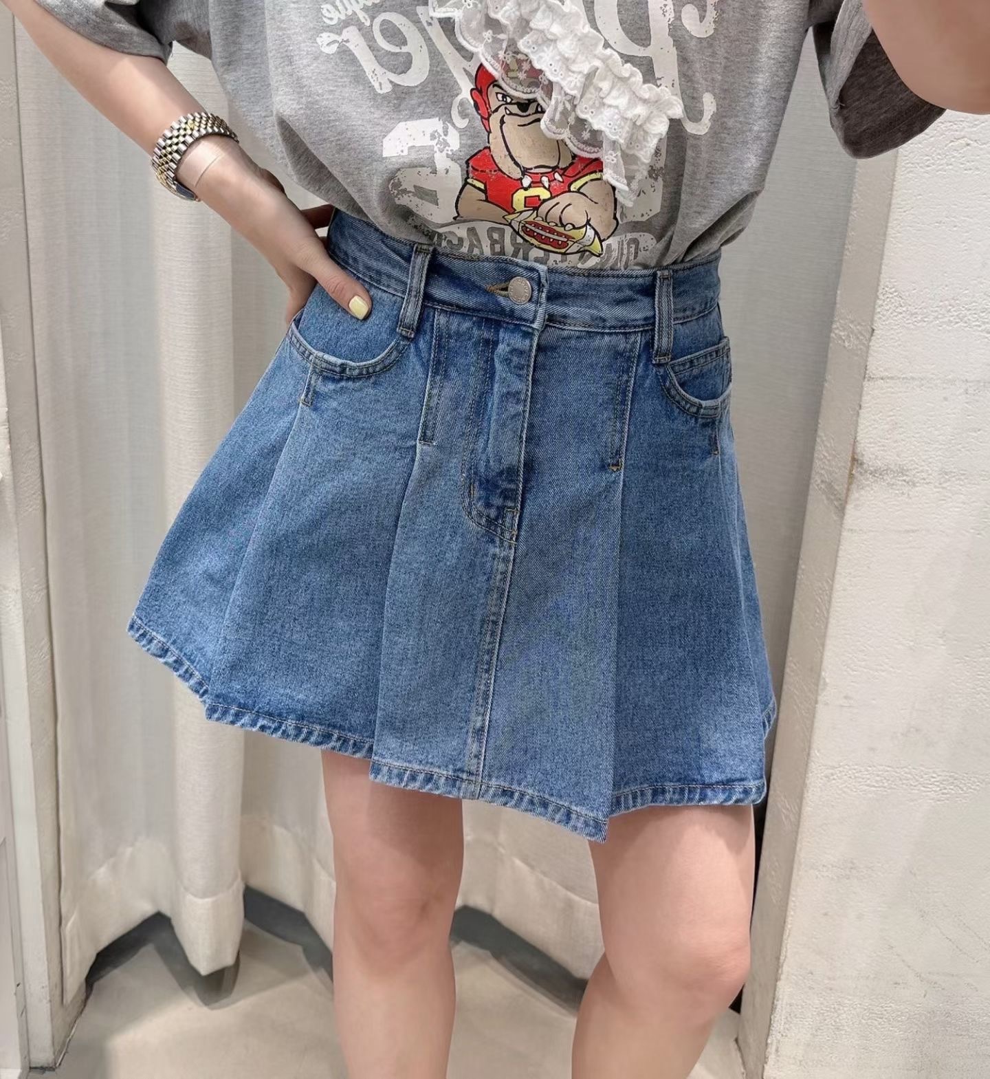 牛仔寬褶短裙(內安全褲)