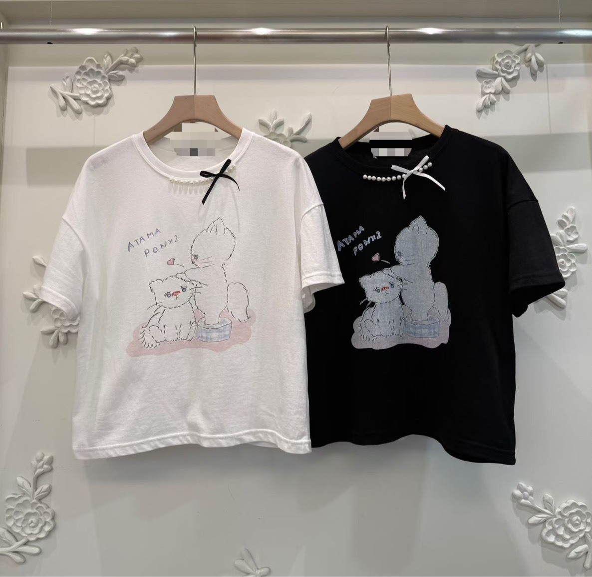 珍珠領白貓短袖T