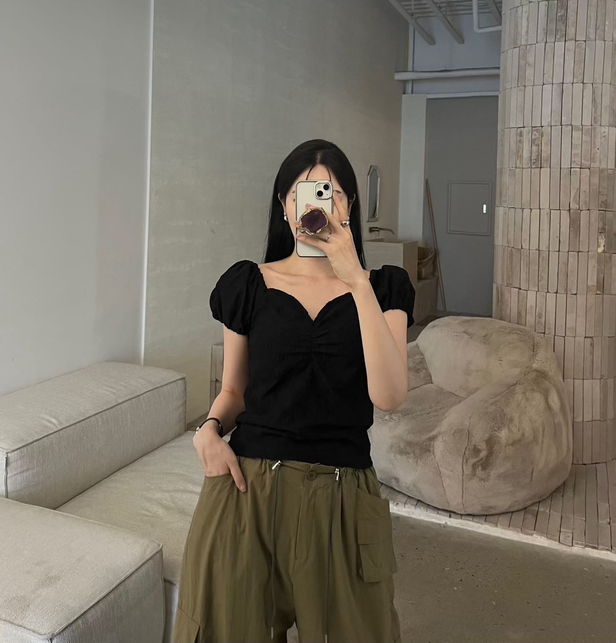 心領鬆緊公主袖襯衫
