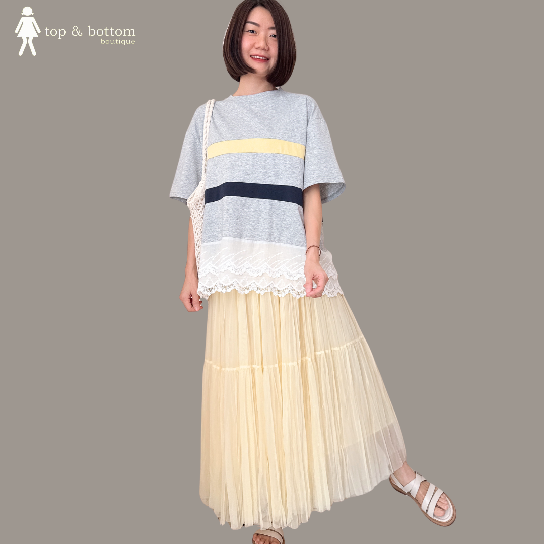 SHORT SLEEVE STRIPED LONG TEE WITH COTTON LACE HEM
