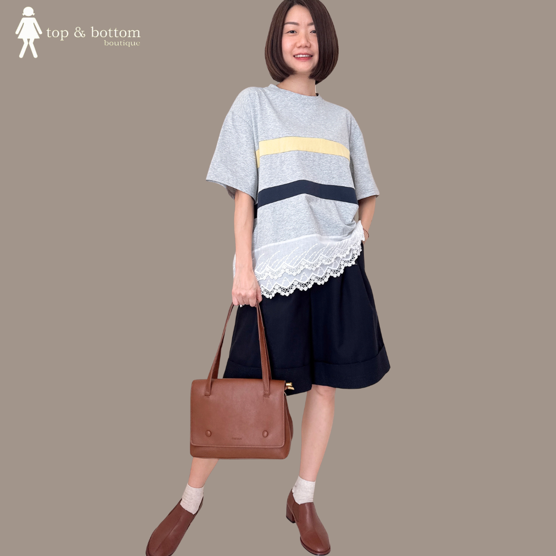 SHORT SLEEVE STRIPED LONG TEE WITH COTTON LACE HEM