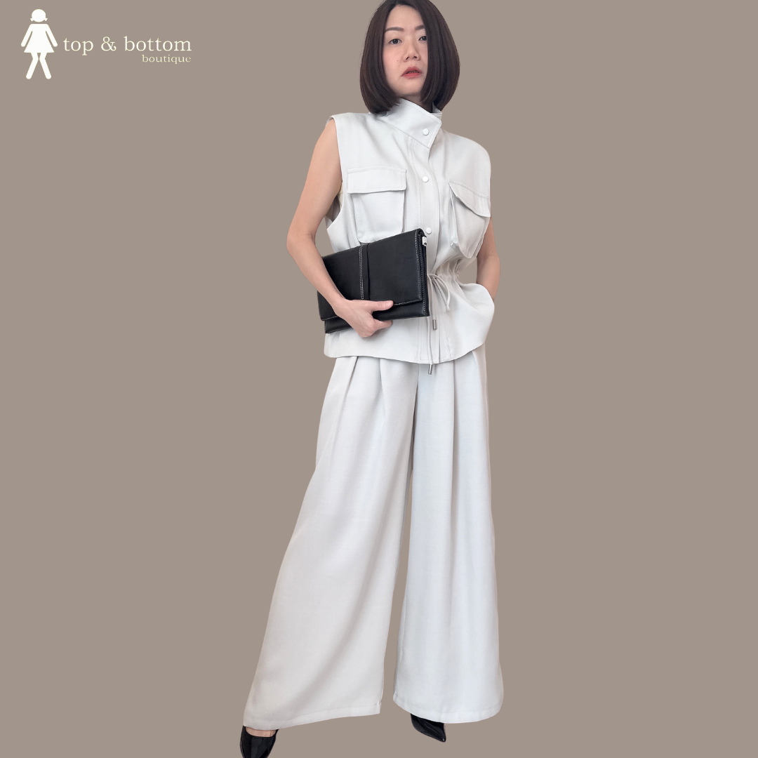 TIE-STRING WAISTED VEST & WIDE LEG PANT SET SUIT (2PCS)