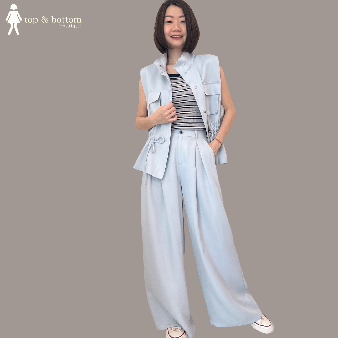 TIE-STRING WAISTED VEST & WIDE LEG PANT SET SUIT (2PCS)