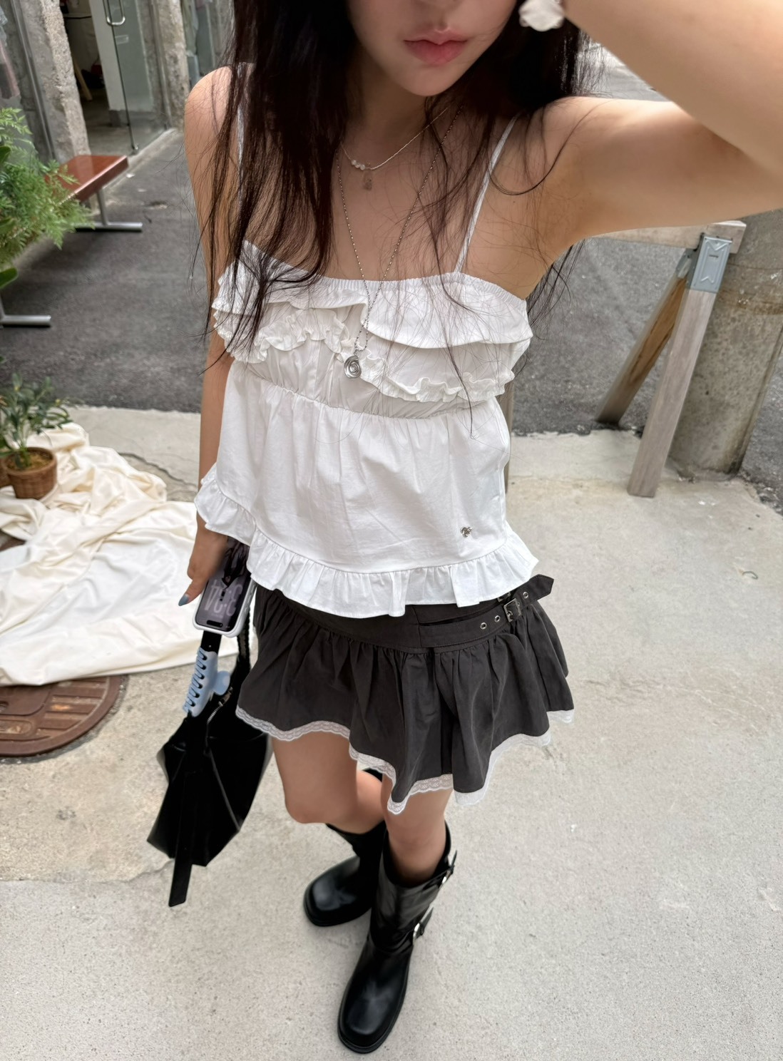 現貨! 9.amez project Noir Ruffle Mini Skirt 設計蕾絲拼接裙 (gray)