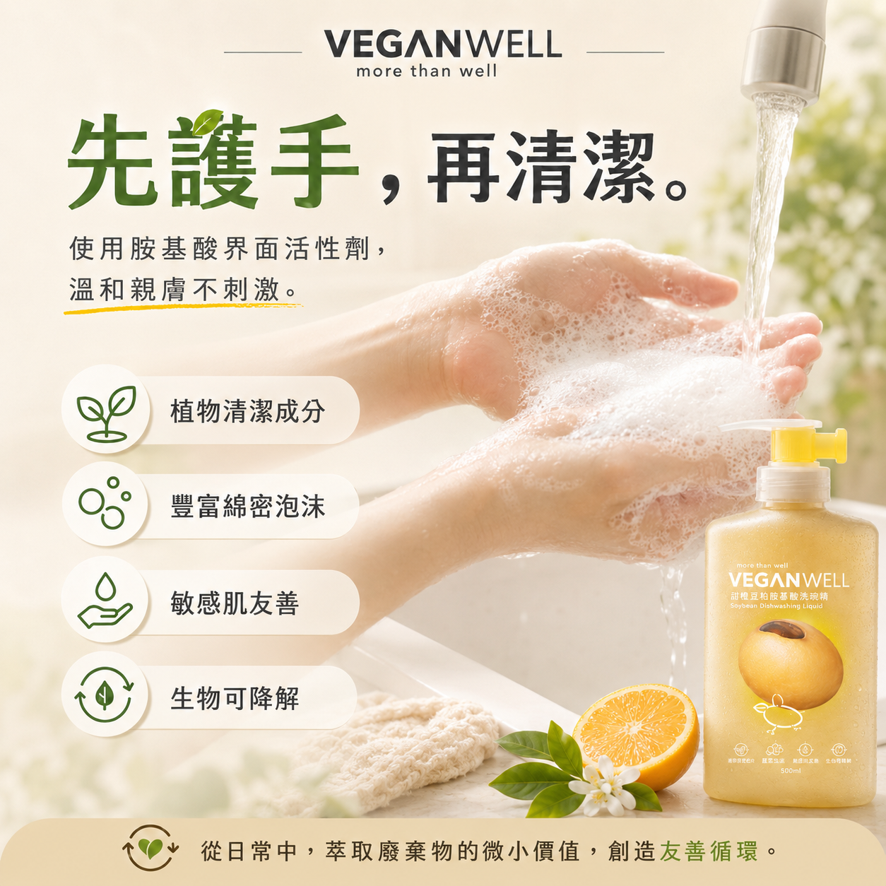 護手系列-甜橙豆粕胺基酸洗碗精500ml