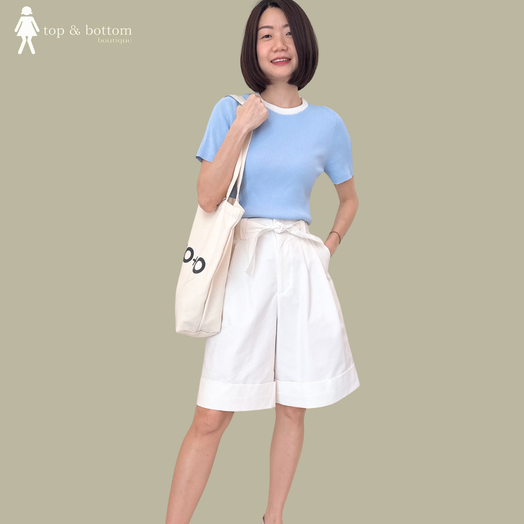 SHORT SLEEVE TWO TONE KNIT BLOUSE