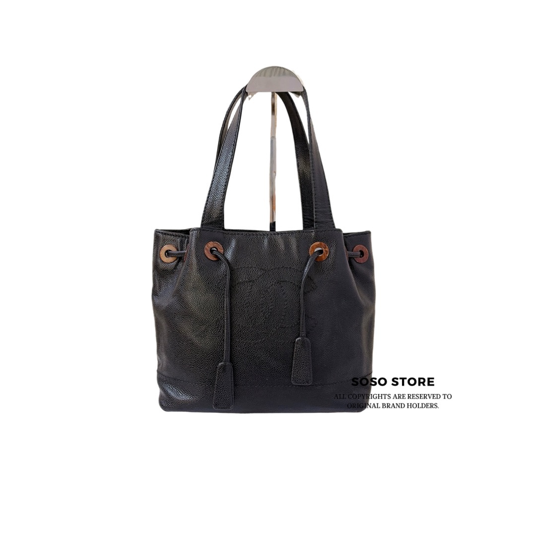 CHANEL Vintage Wooden Ring Drawstring Tote - Black / GHW