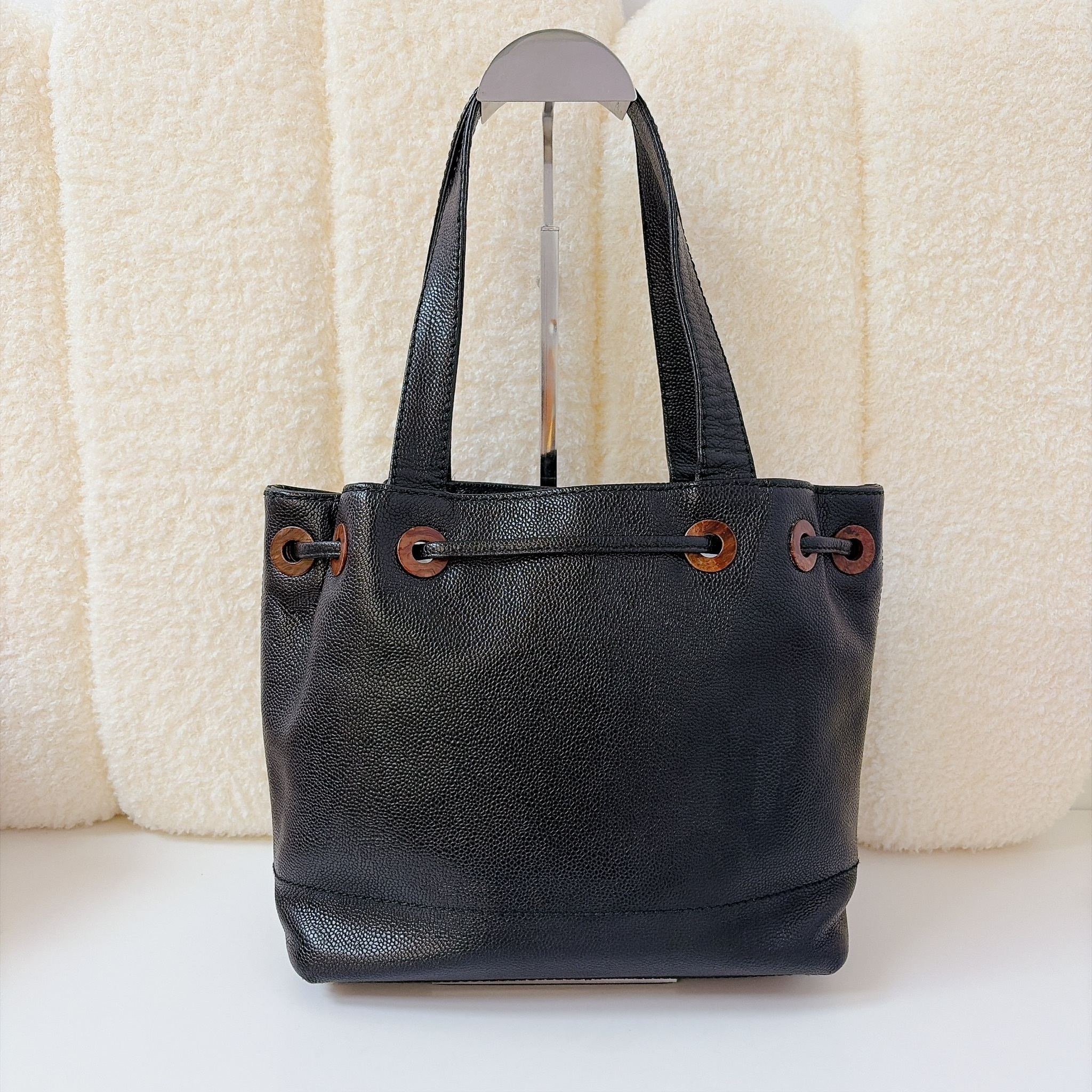 CHANEL Vintage Wooden Ring Drawstring Tote - Black / GHW