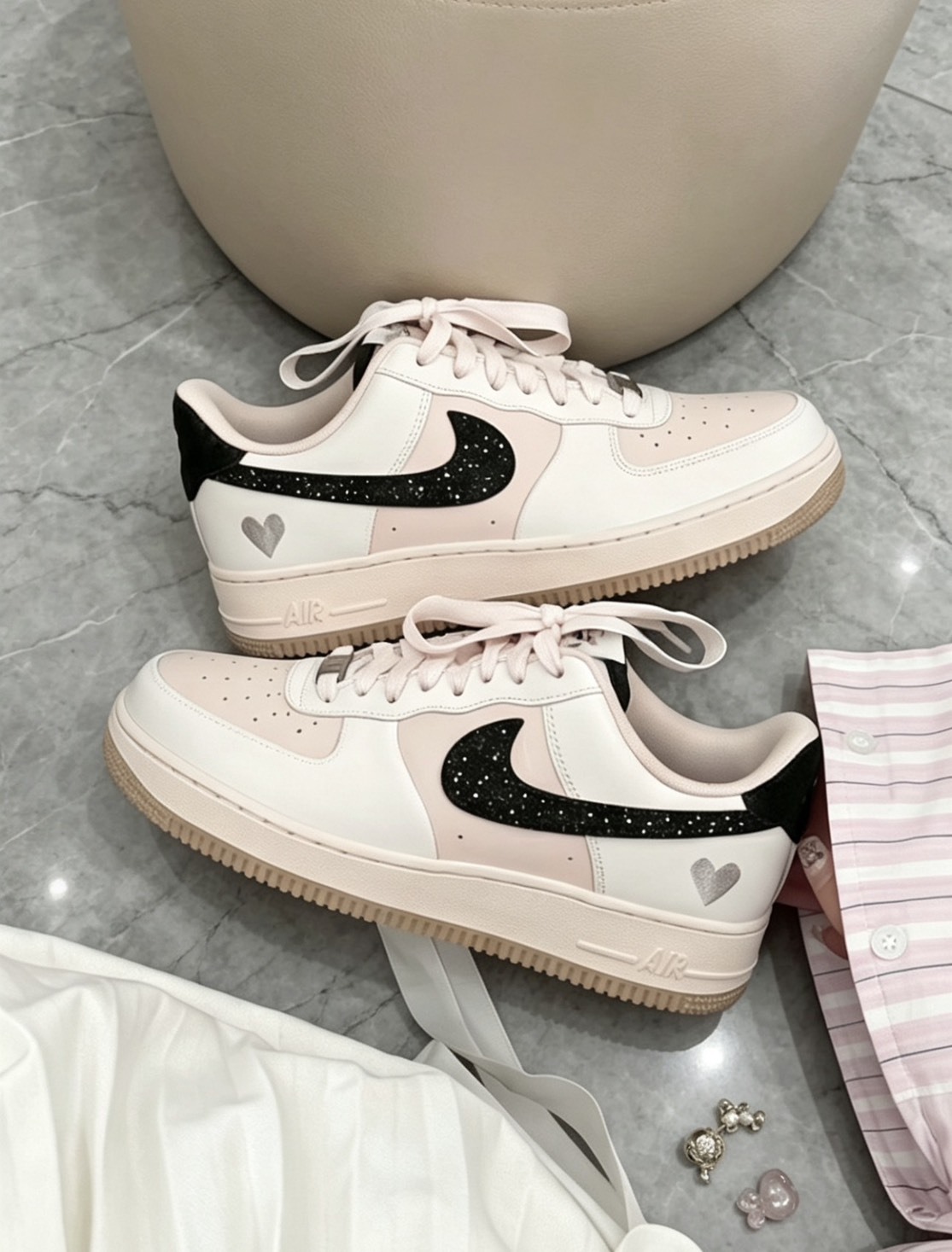 【訂製鞋款】Nike Air Force 1 少女風 愛心 黑白粉 訂製 休閒鞋 IM7510262(Team2198）