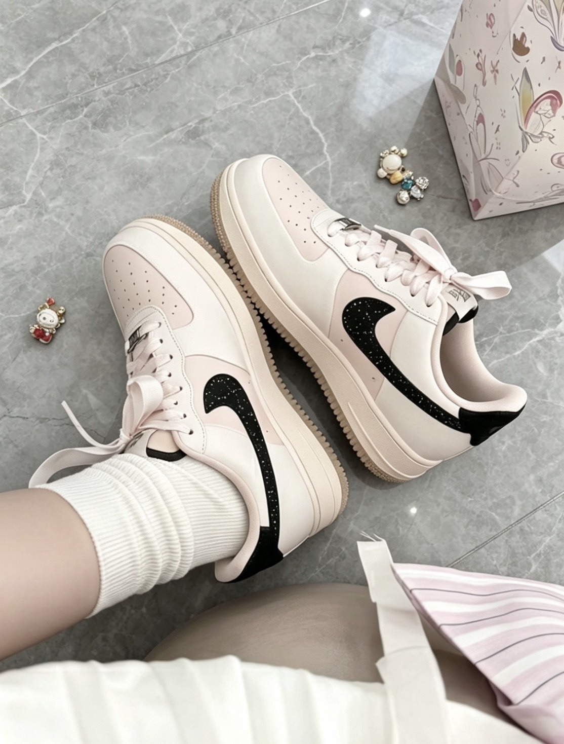 【訂製鞋款】Nike Air Force 1 少女風 愛心 黑白粉 訂製 休閒鞋 IM7510262(Team2198）