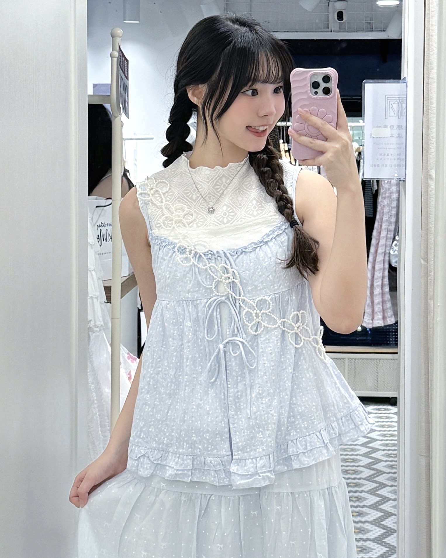 V0268｜藍白色系！初戀感碎花綁帶假兩件背心 ⋆.˚🦋༘⋆