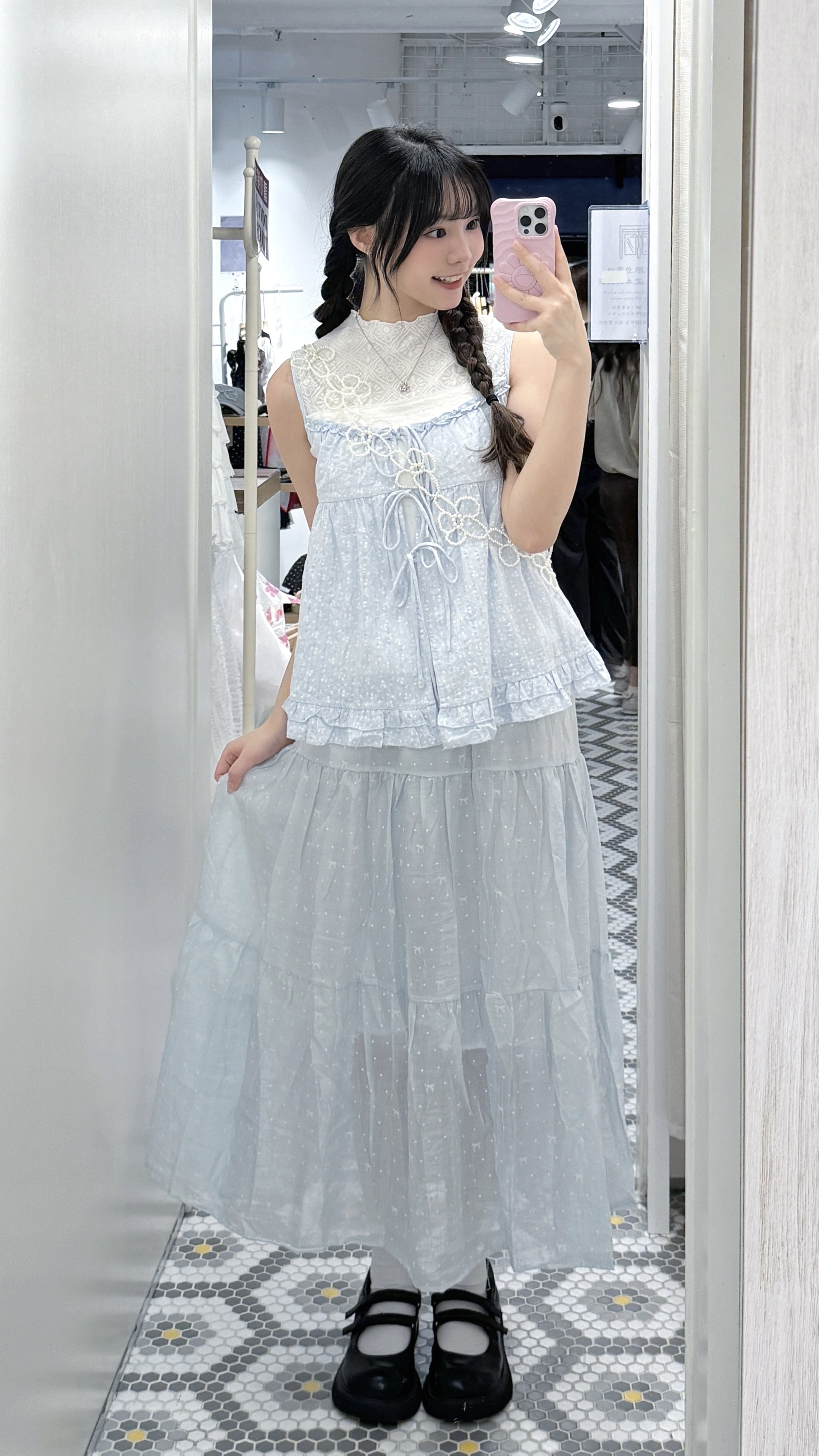 V0268｜藍白色系！初戀感碎花綁帶假兩件背心 ⋆.˚🦋༘⋆