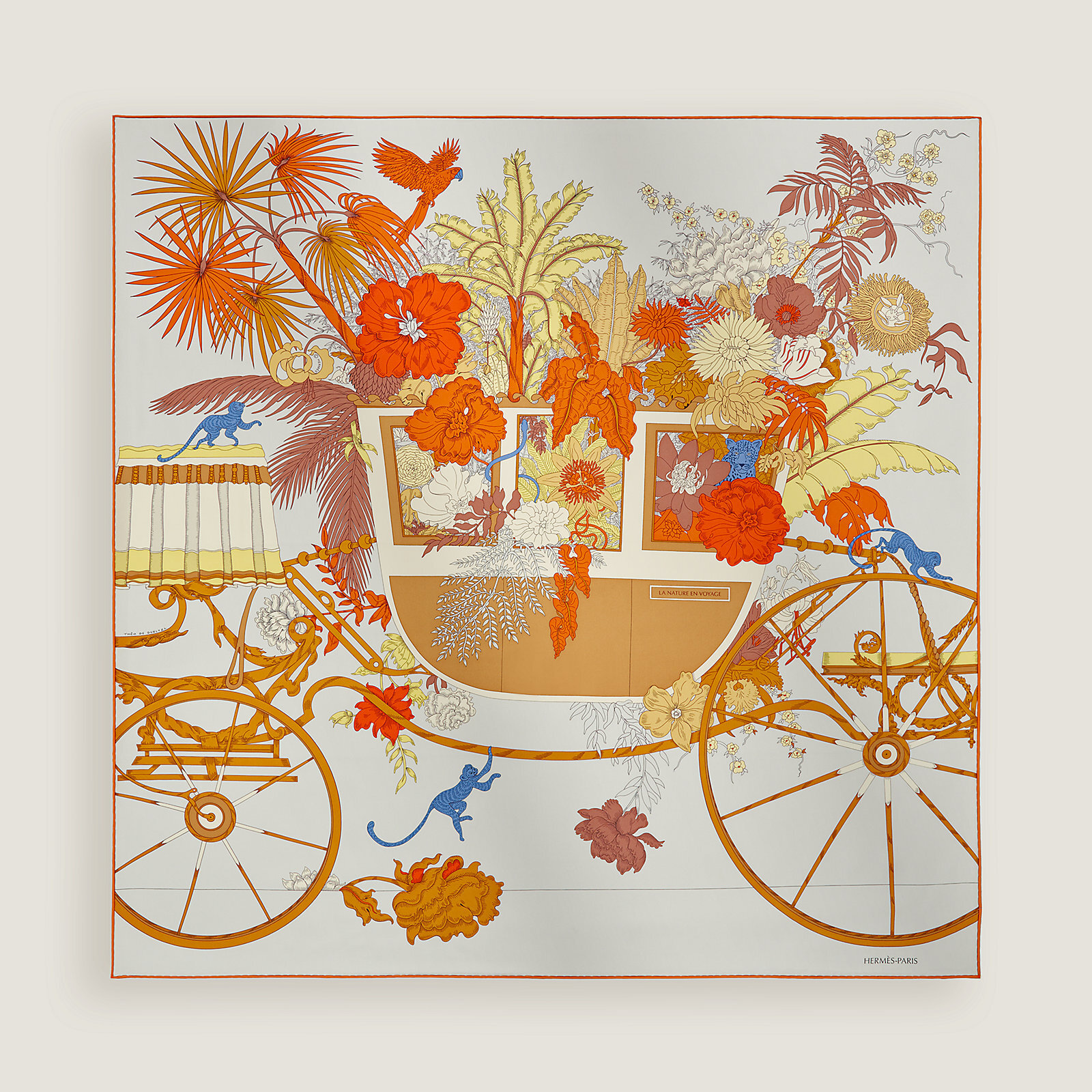 La Nature en Voyage scarf 90x90cm Gris Perle / Orange Cuit / Jaune