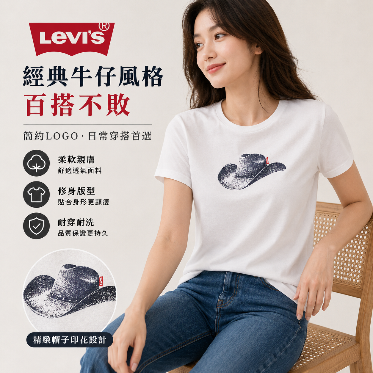 【預購】LEVI’S H061904 女裝牛仔帽圖案短袖上衣 (白色)