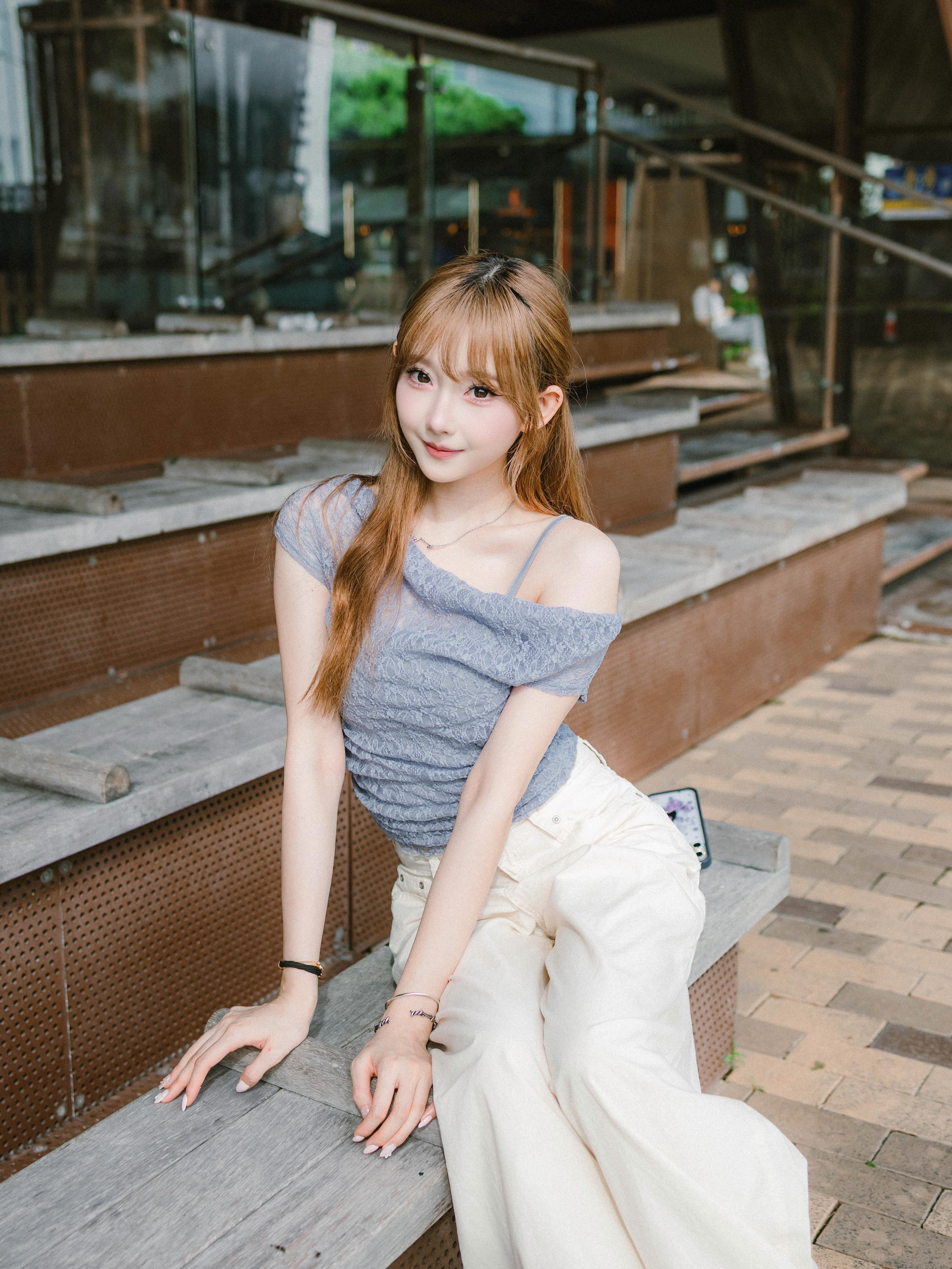 (短袖ver.) Girlish Lace One Shoulder Top Set