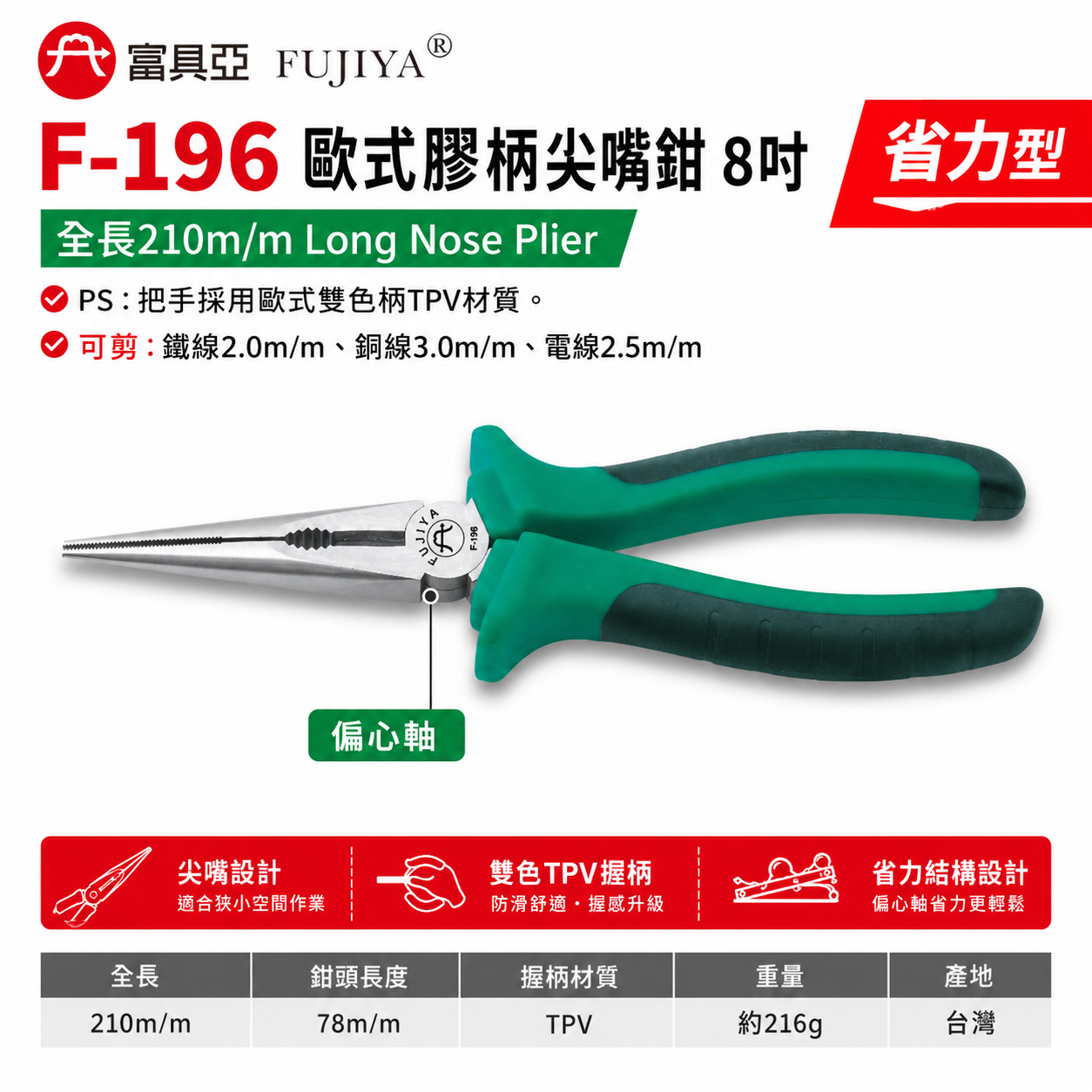 FUJIYA 富具亞 台灣製｜8'' 歐式膠柄尖嘴鉗 省力偏芯歐式雙色柄尖口鉗 嘴部精密牙紋｜F-196
