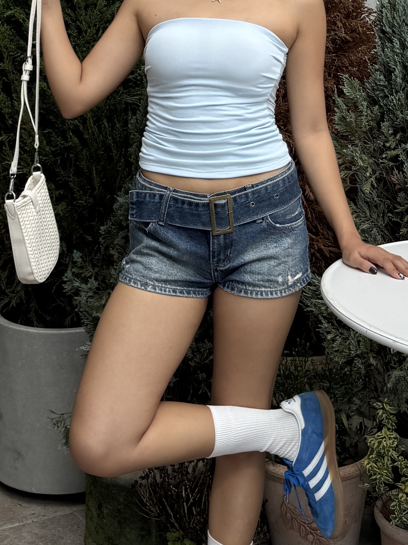 復古寬腰帶牛仔短褲