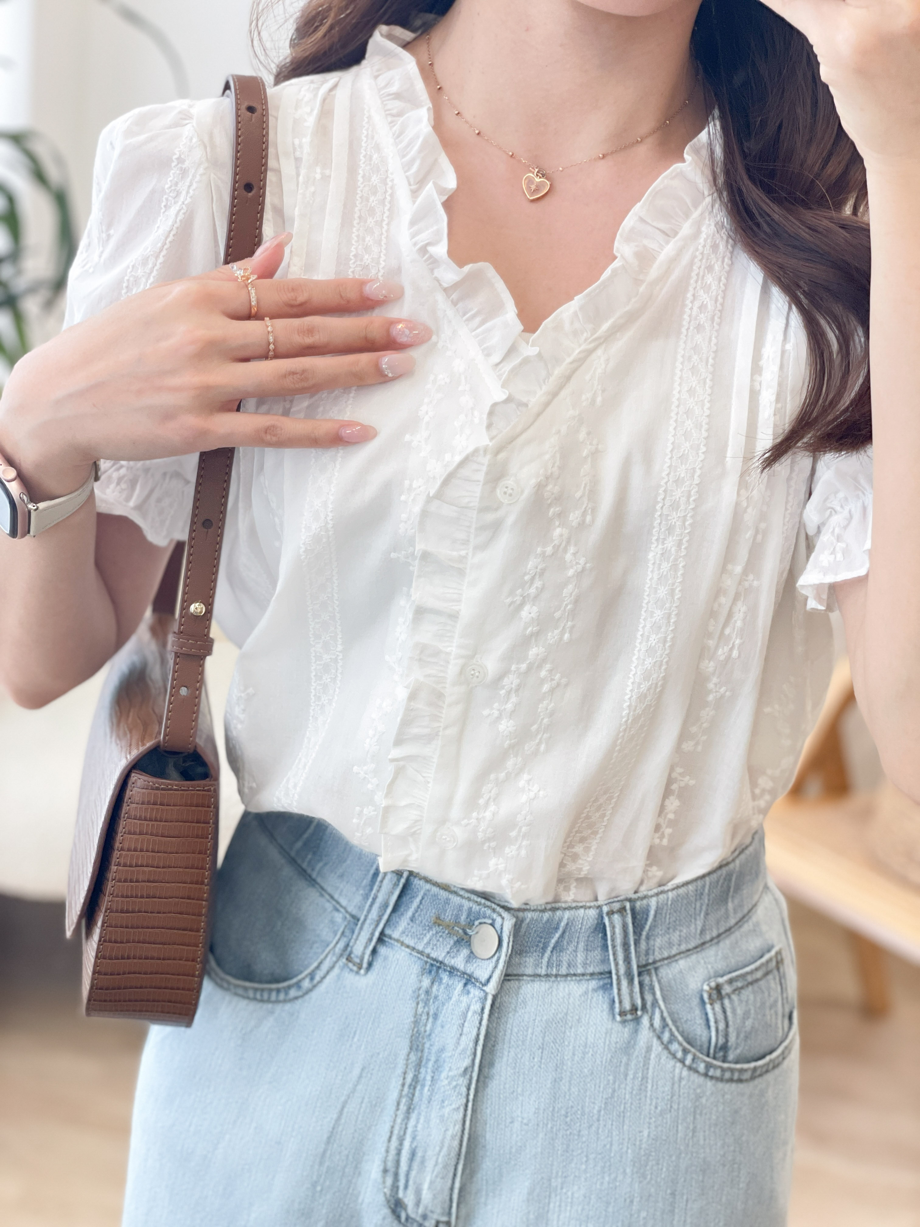 T1573 Cottage Geometric Textured Blouse