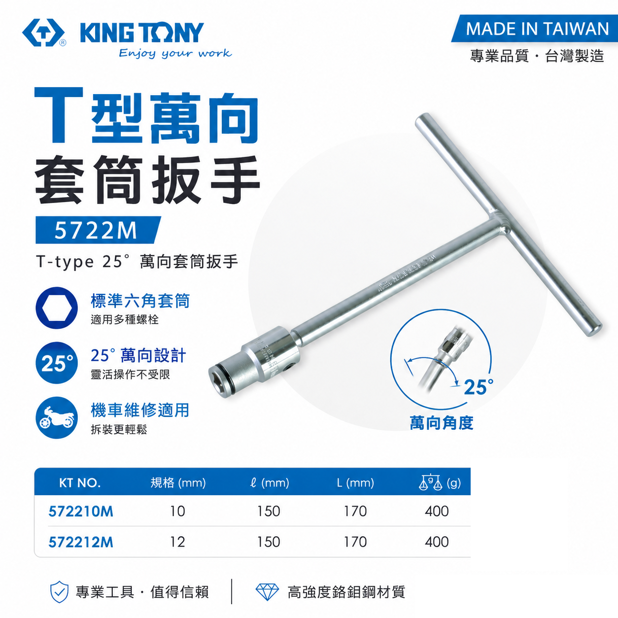 KING TONY 金統立｜10mm 12mm  T型萬向套筒扳手 T型板手｜572210M｜572212M｜5722M｜台灣製｜公司貨