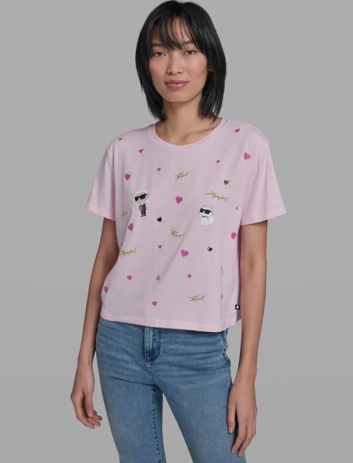 【預購】Karl Lagerfeld H0620507 女裝粉紅色心心短袖上衣