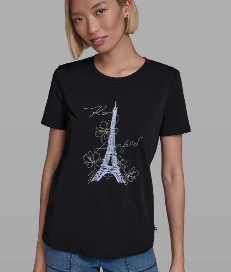 【預購】Karl Lagerfeld H0620510 女裝黑色巴黎鐵塔短袖上衣
