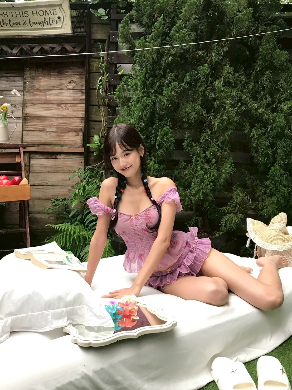 粉色尤物 法式甜美碎花蕾絲兩件式泳衣