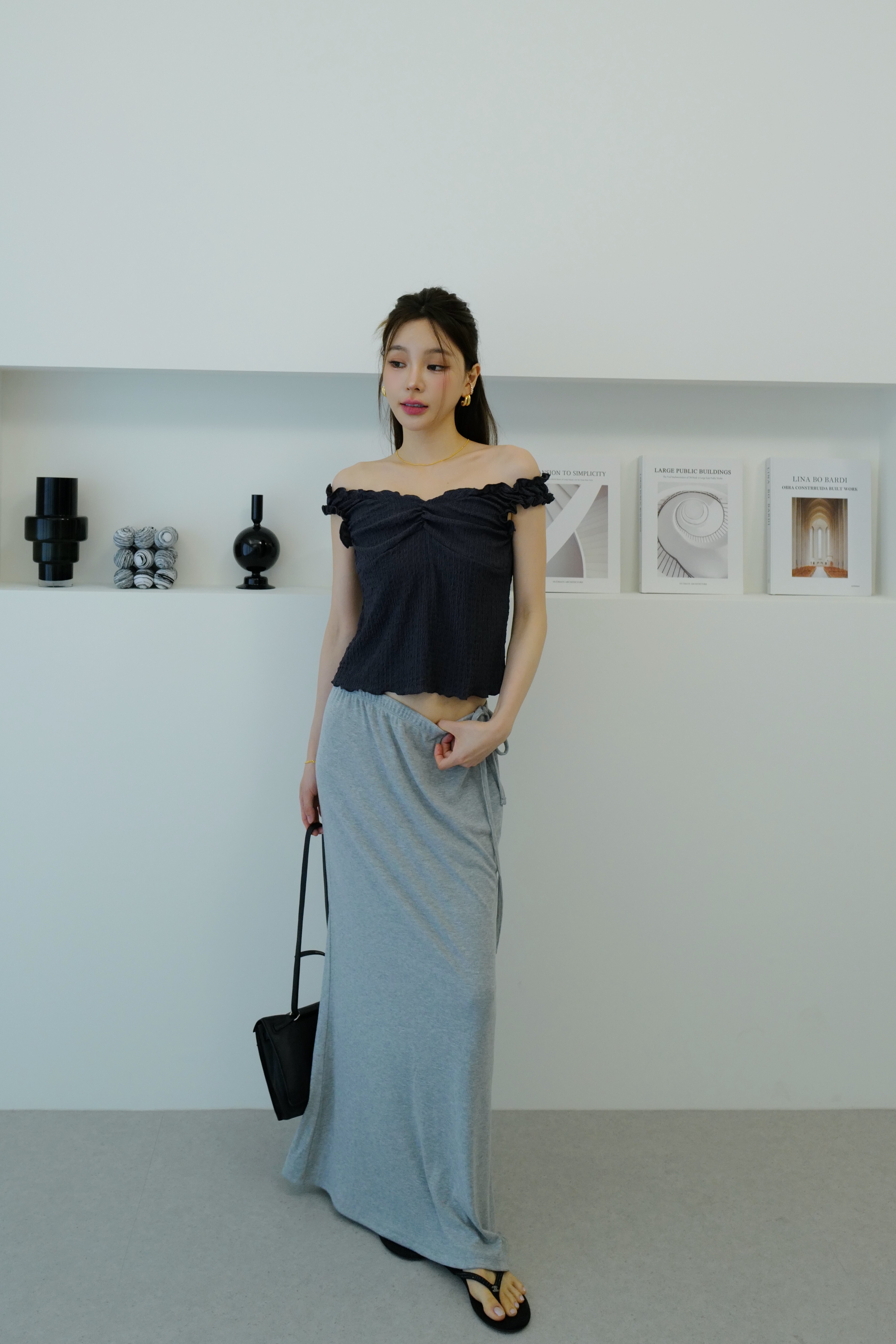 側綁帶垂墜棉質長裙 HD39