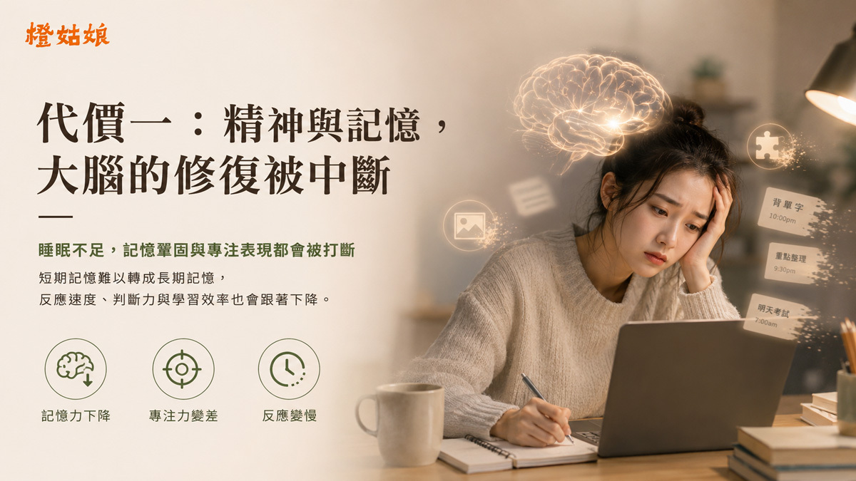 睡眠不足中斷大腦記憶整理與修復的示意圖