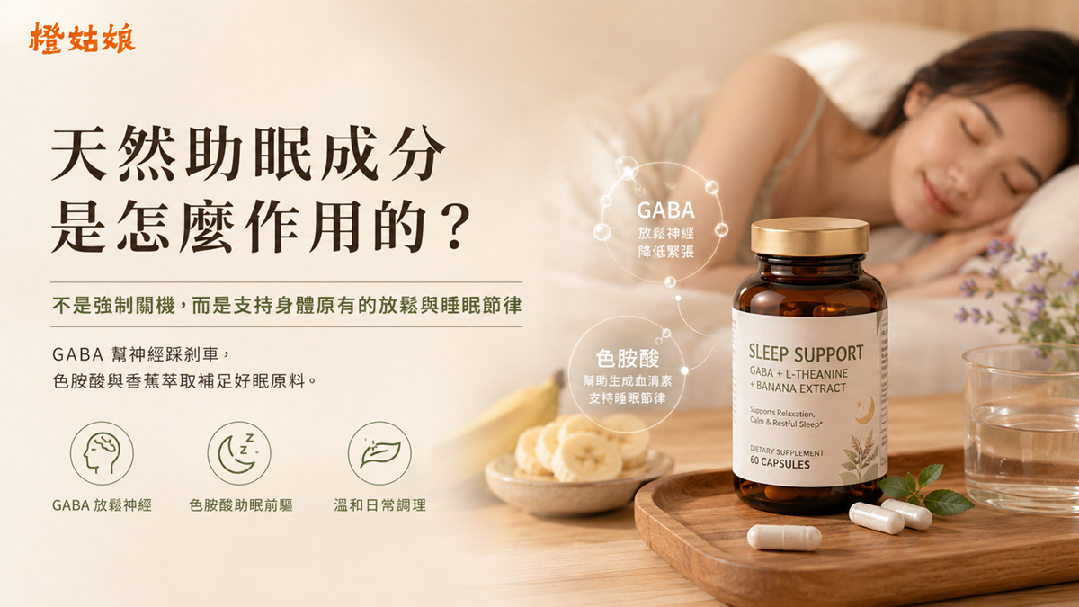 GABA、色胺酸與香蕉萃取等天然助眠成分示意圖