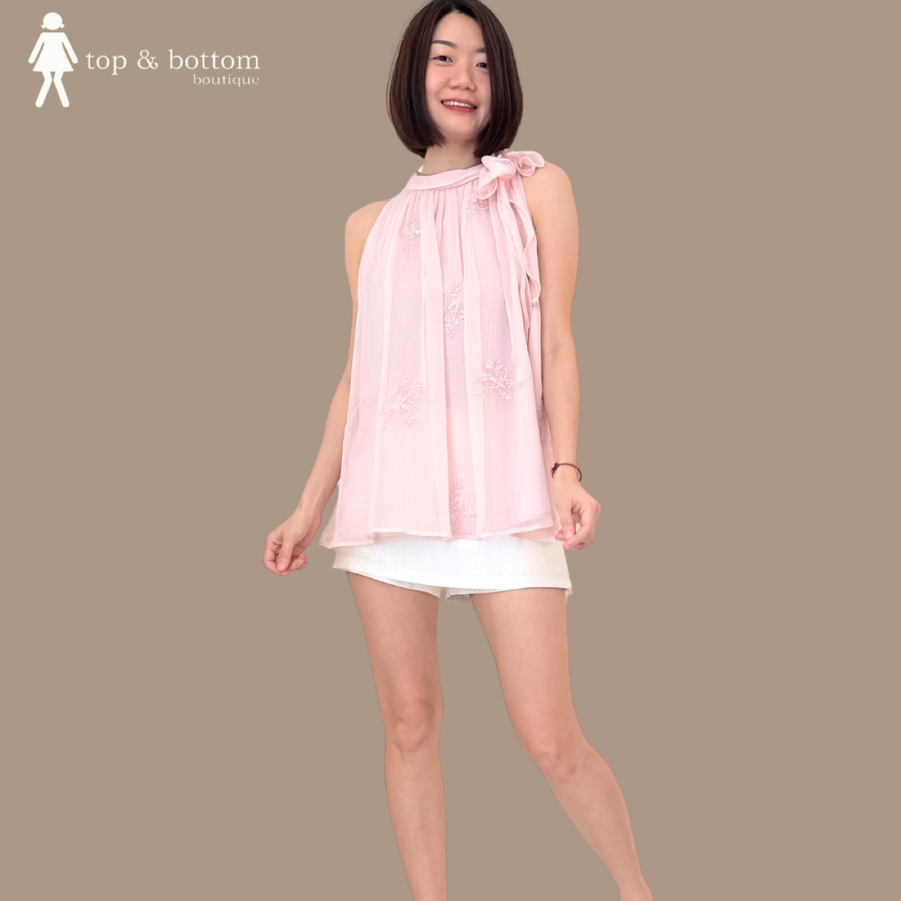 SILKY CHIFFON RIBBON NECK BLOUSE WITH EMBROIDERED DETAILS