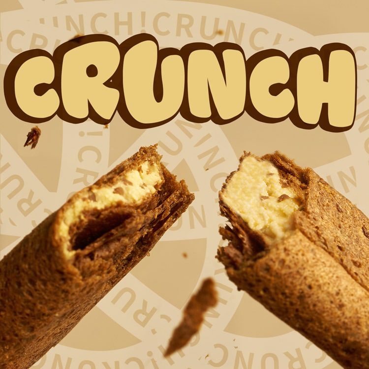 Fumi Roll broken in half close-up — crunch you can practically hear, crispy crust with rich filling visible in the cross-section, the satisfying texture of this Taiwan souvenir