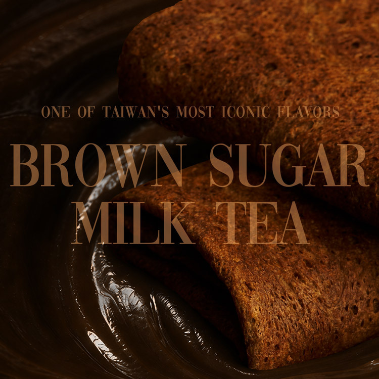 Fumi Roll Brown Sugar Milk Tea flavor close-up — one of Taiwan's most iconic flavors, rich brown sugar syrup paired with crispy rice flour roll, a must-buy Taiwan souvenir
