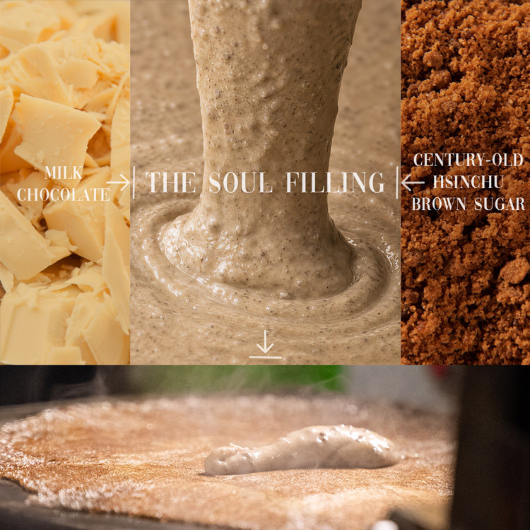 Fumi Roll soul filling production process — milk chocolate and century-old Hsinchu brown sugar blended together, rich filling piped onto crispy rice flour crust, the secret behind this Taiwan souvenir's brown sugar milk tea filling