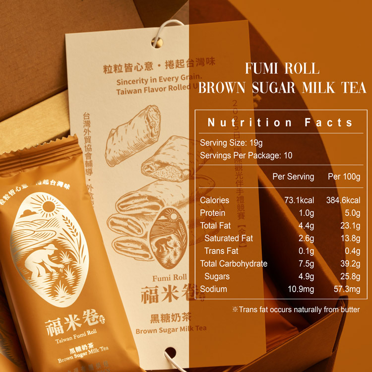 Fumi Roll Brown Sugar Milk Tea Nutrition Facts — 19g per serving, 73.1kcal calories, full breakdown of protein, fat, carbohydrate, sugar and sodium, transparent ingredient information for this Taiwan souvenir