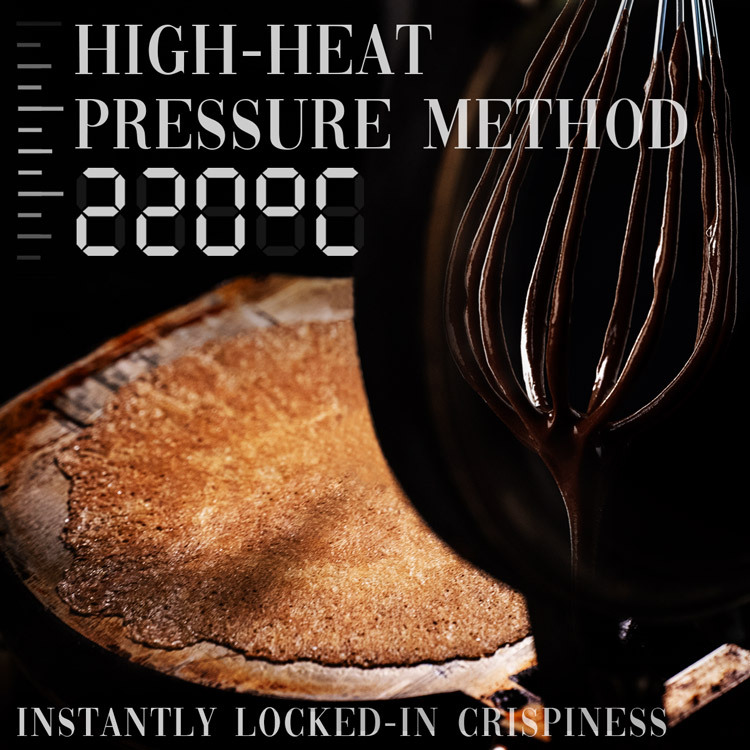 Fumi Roll 220°C high-heat pressure method — instantly locked-in crispiness, rich brown sugar sauce being whisked, the signature baking process behind this Taiwan souvenir