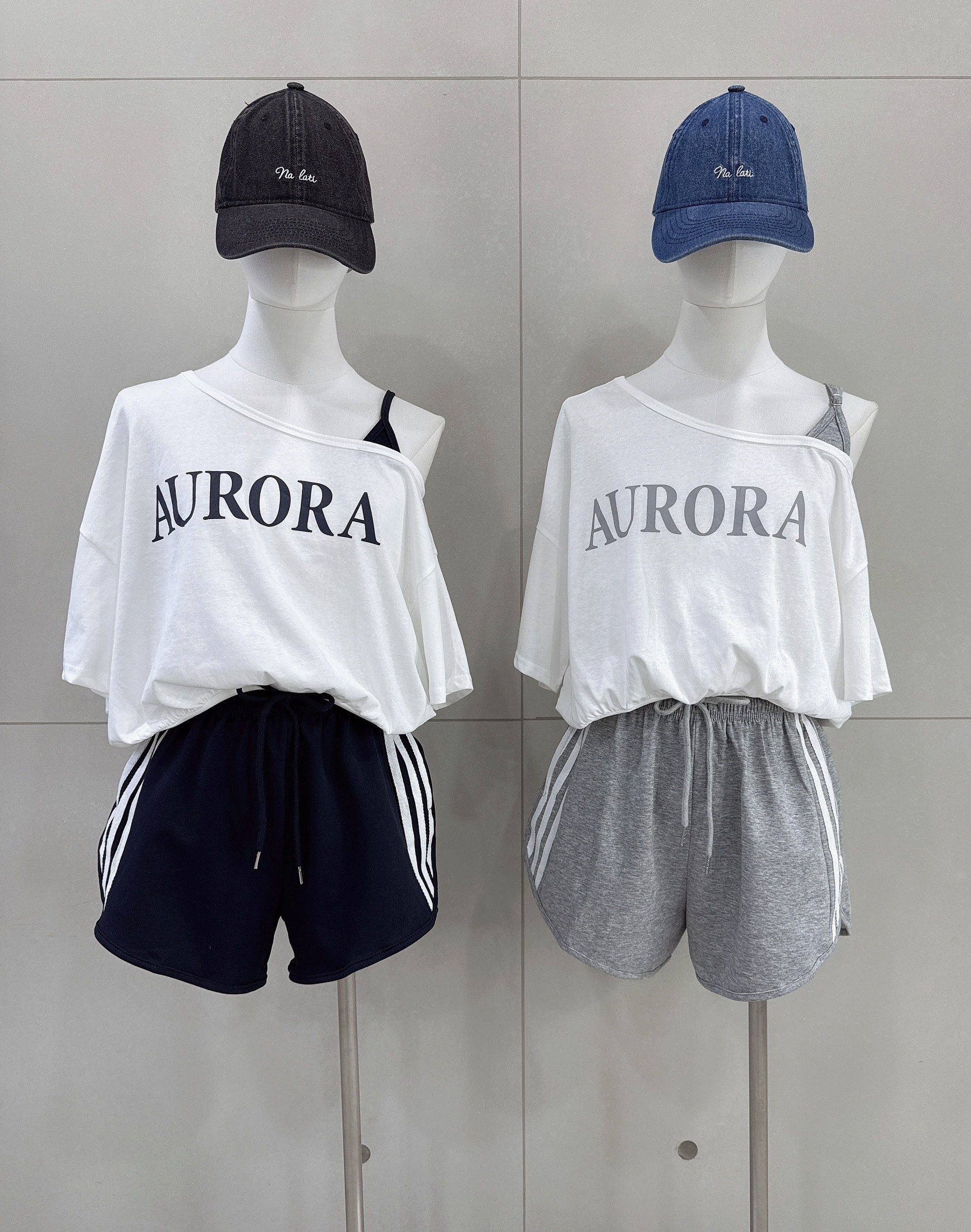單肩AURORA上衣+滾邊短褲