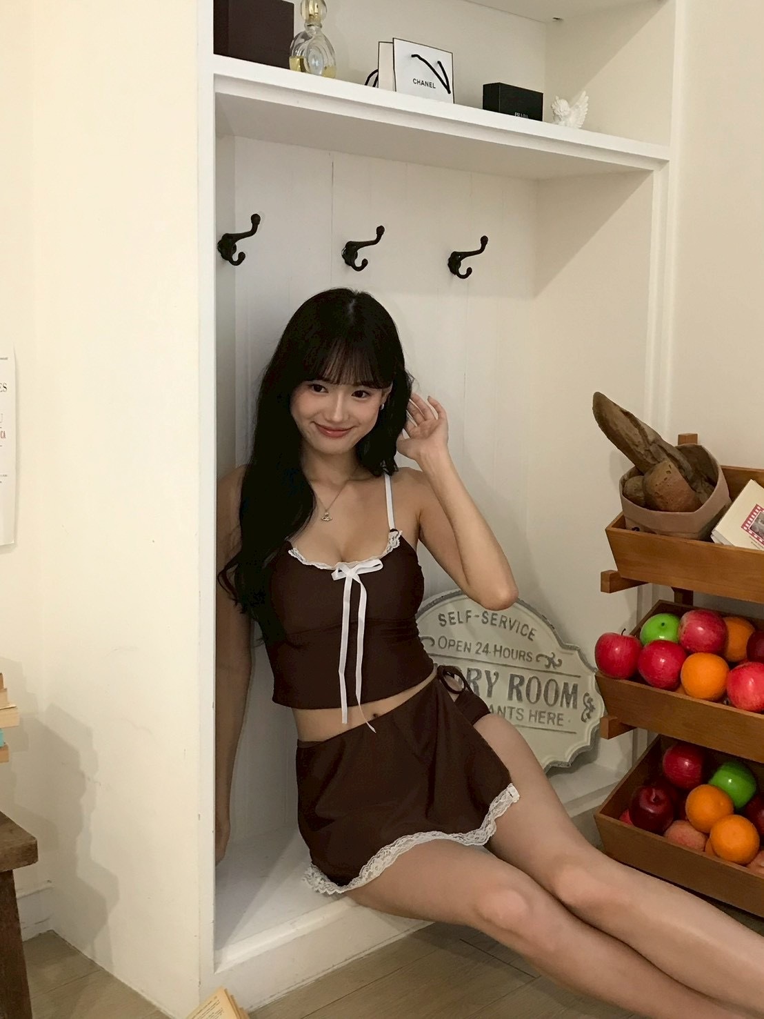 日雜少女🎀 蝴蝶結吊帶+片裙三件套泳衣 咖色