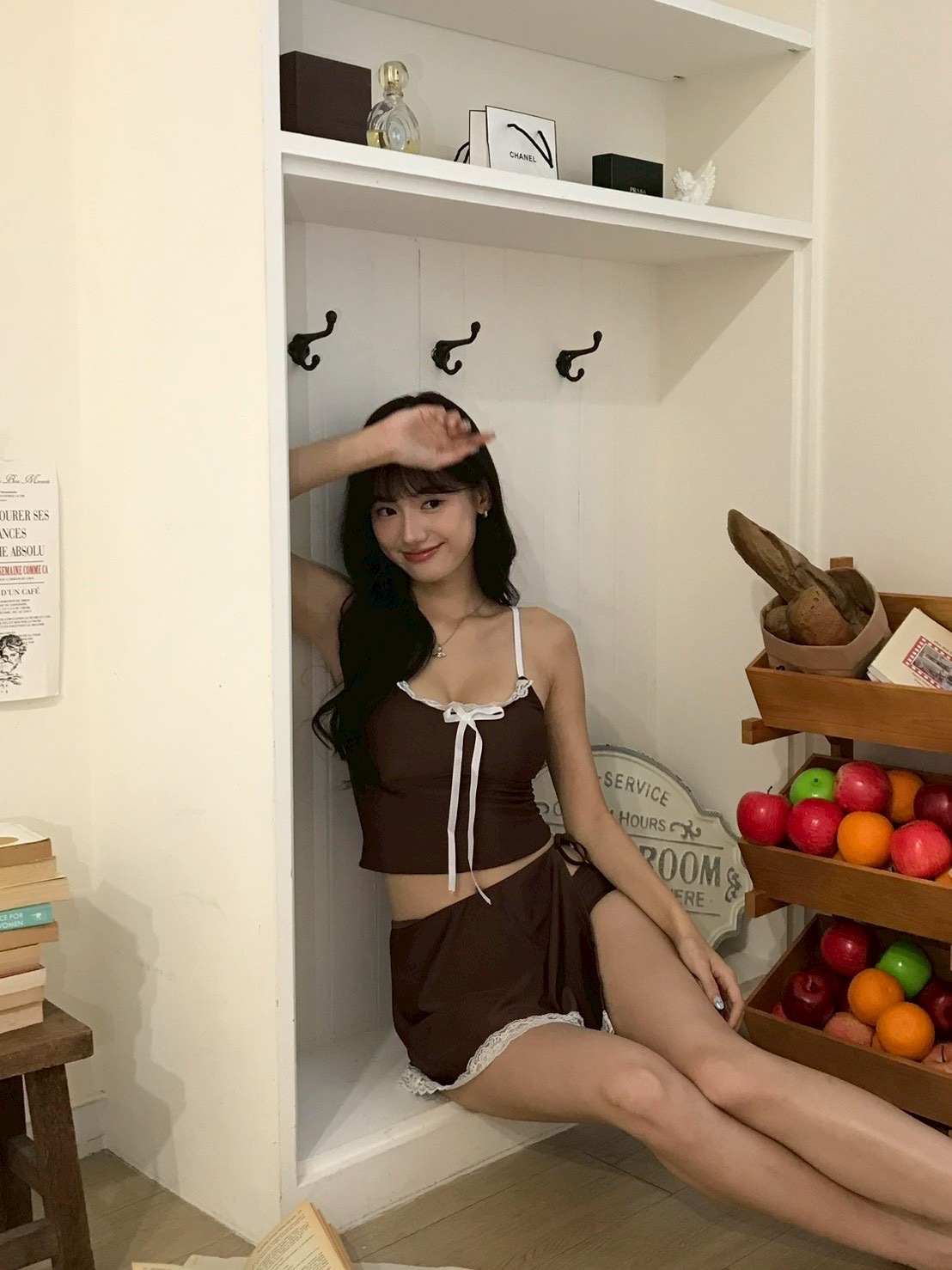 日雜少女🎀 蝴蝶結吊帶+片裙三件套泳衣 咖色