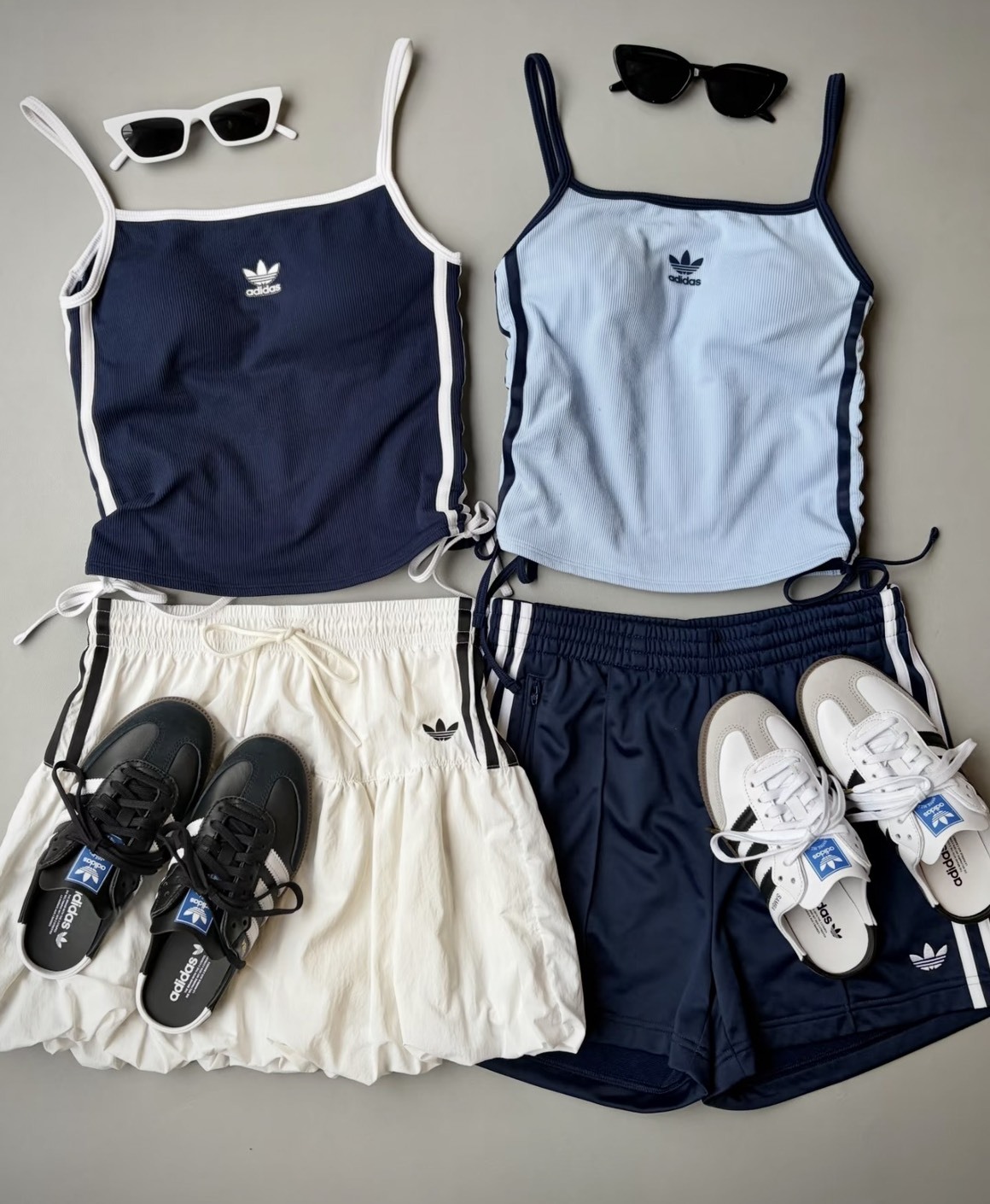 【Luxury】脆上流量密碼 Adidas 情侶衣 細肩小可愛 短袖上衣 寶寶藍 側邊皺摺 綁帶設計 可調節 顯瘦 內搭 運動外出 肩帶 內衣 附內襯 胸墊款 男女可穿 KT7764