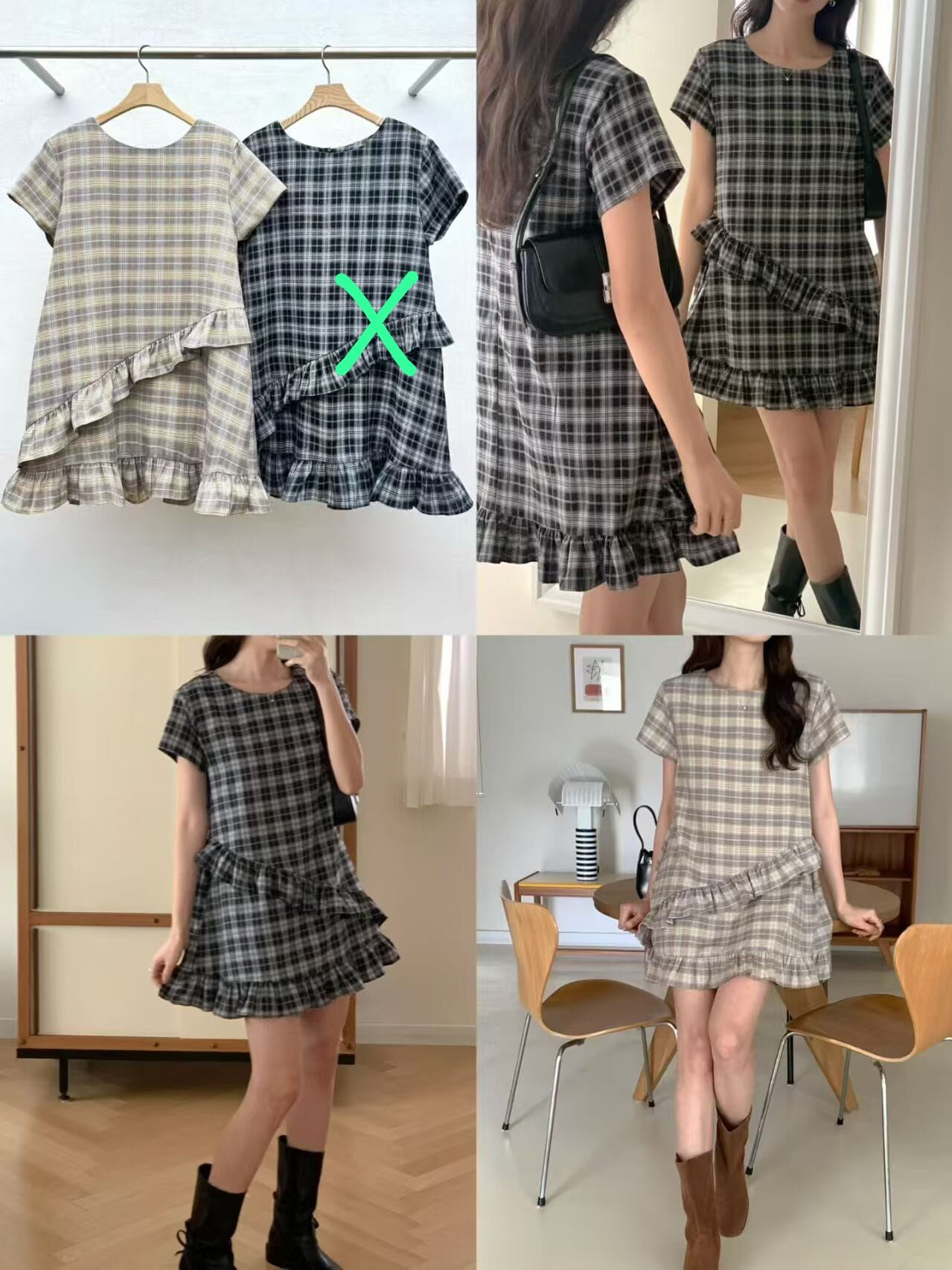 RF6328 啡色半袖格紋荷葉邊連身裙 *特價* (優惠碼同充值購物金不適用)