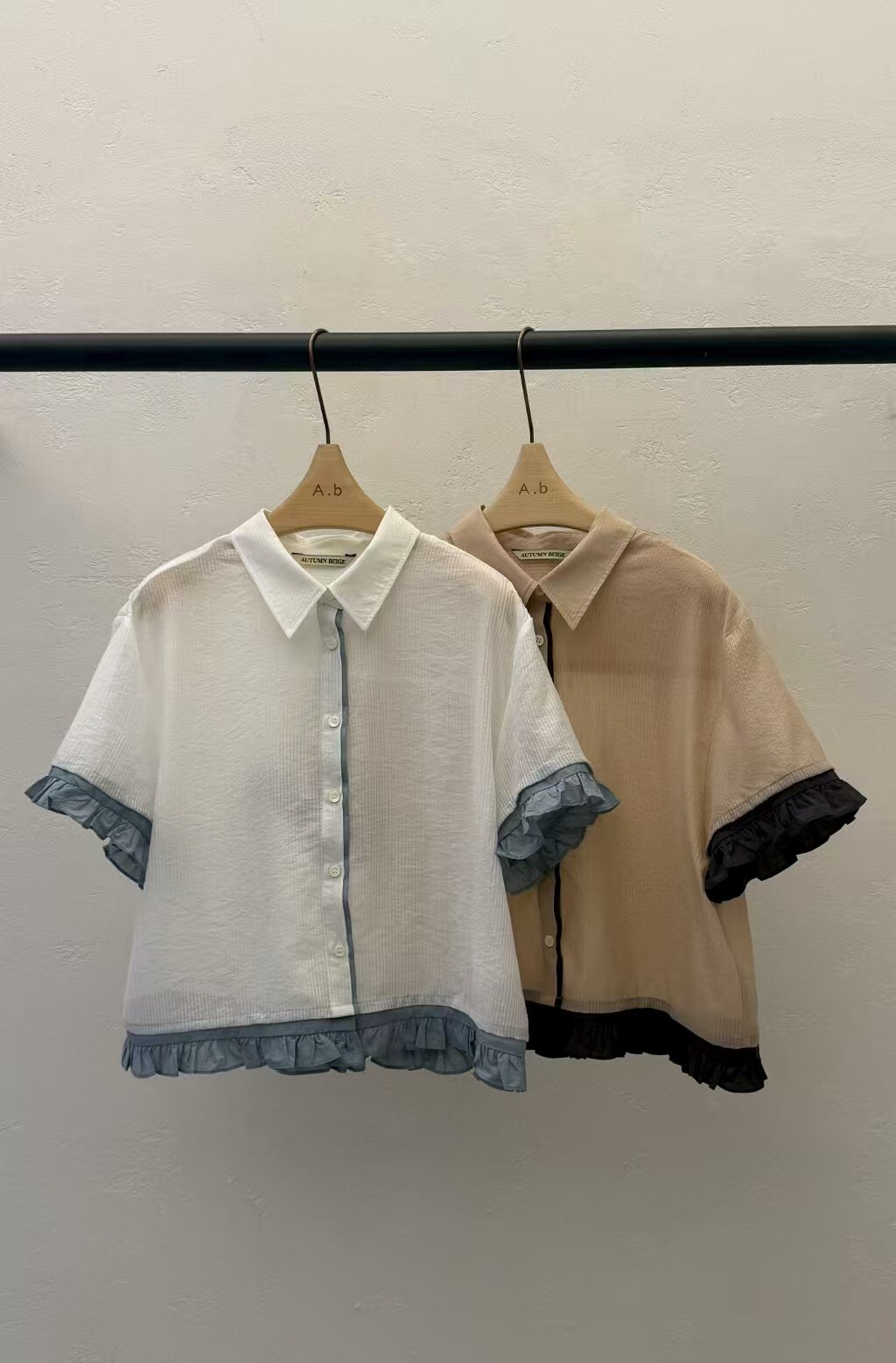 AB6328 木耳邊拼色襯衫